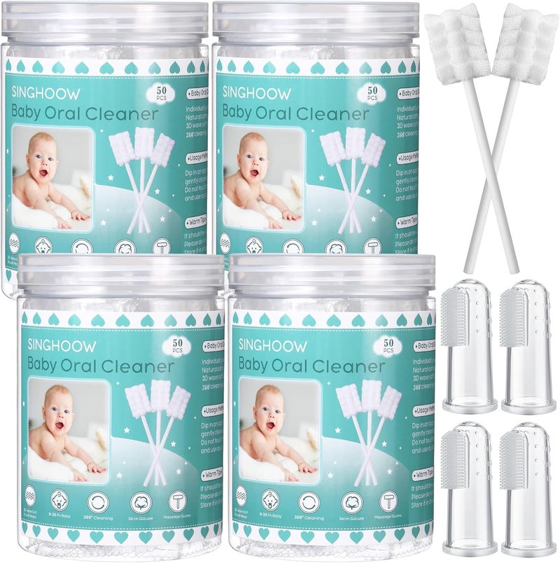 Singhoow 200 Pieces Baby Tongue Cleaner Disposable Infant Oral Cleaner with 4 Pieces Finger Toothbrush Soft Gauze Baby Mouth Newborn for Tooth Mouth Dental Care(Blue) - Image 1